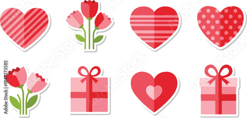 Adorable Set of Valentine's Day Stickers with Hearts, Flowers, and Gifts