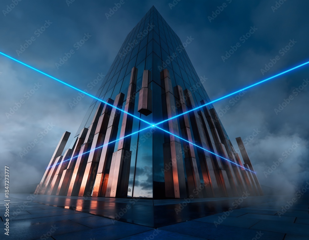 Fototapeta premium Futuristic building with laser beams and cloudy sky