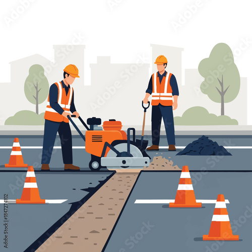 Road workers repairing asphalt with compactor and cones.