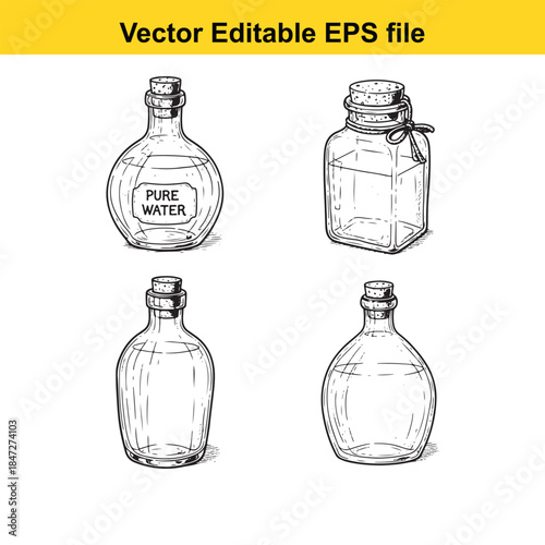  vector illustration of four different glass bottles in a sketch style on white background