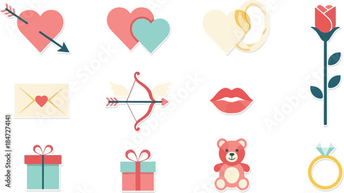 Romantic Valentine's Day Icons Hearts, Roses, Gifts & More