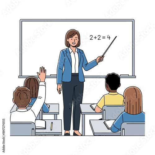 A smiling female teacher explains a math problem on a whiteboard to attentive students in a bright classroom, with one student actively participating by raising their hand
