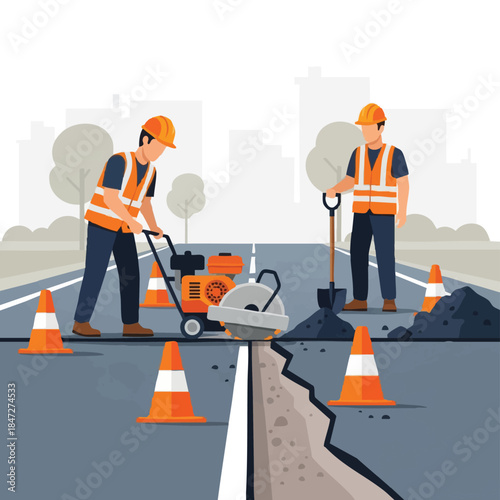 Road construction workers repairing asphalt with jackhammer and shovel.