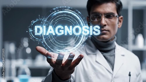 Male scientist with futuristic medical interface.