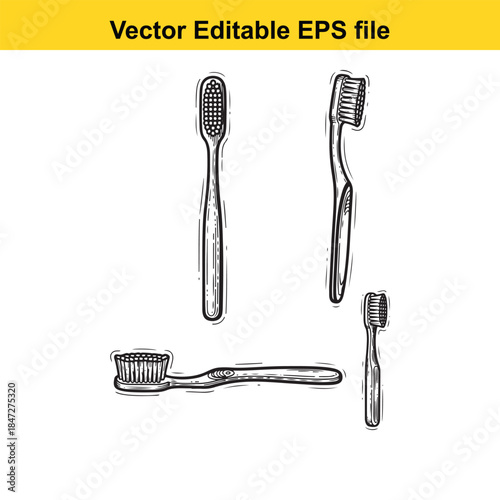  vector illustration of four toothbrushes in different orientations and styles