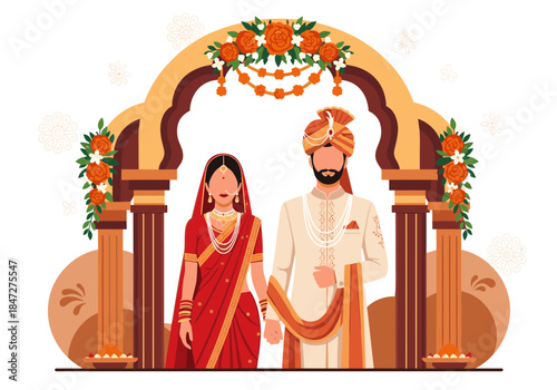 Vector illustration of a traditional Indian wedding ceremony with a bride and groom standing under a decorative archway, symbolizing sacred vows.