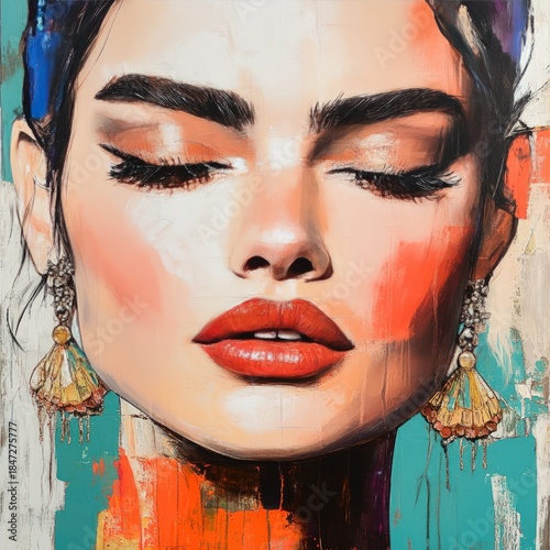 Vibrant portrait of a woman with closed eyes, bold makeup