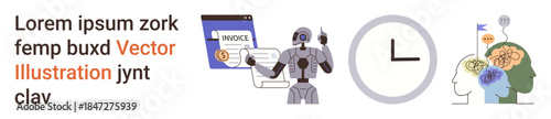 Business automation, artificial intelligence, brainstorming, workflow efficiency, invoicing, time management. robotic automation, digital invoice clock and human brainstorming. Business automation