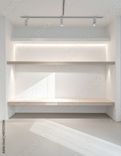 Wallpaper Mural Minimalist White Interior with Wooden Shelves and Spotlights Lighting Torontodigital.ca