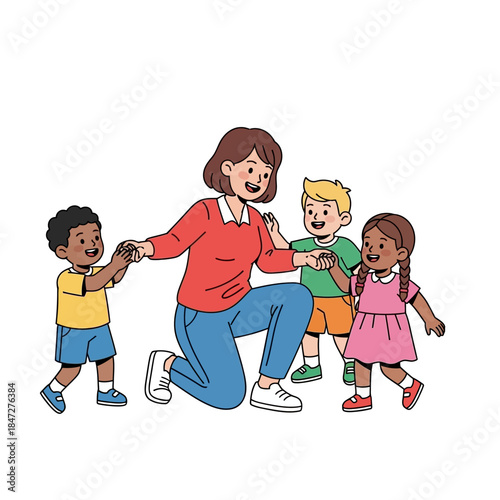 Teacher and diverse group of children dancing and holding hands in a circle, illustrating early childhood education and fun activities
