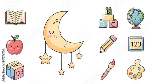 Cute Educational Icons for Childrens Learning and Development.