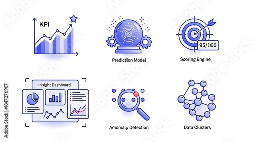Data Science and Machine Learning Icons Set - KPI, Prediction, Scoring, Insight, Anomaly, Clusters.