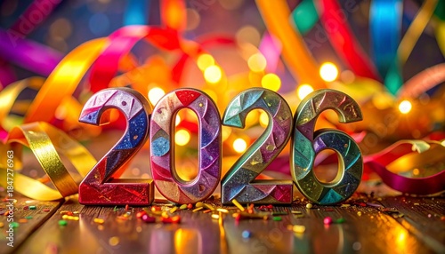 Colorful 2026 numbers for New Year celebration on wooden table with festive bokeh background.