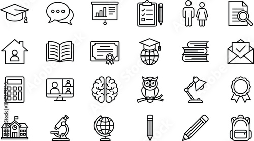 Education Line Icon Set Featuring Graduation Cap, School Building, Book, Certificate, Microscope, Calculator, Brain, Owl, Backpack, Globe, and Academic Achievement