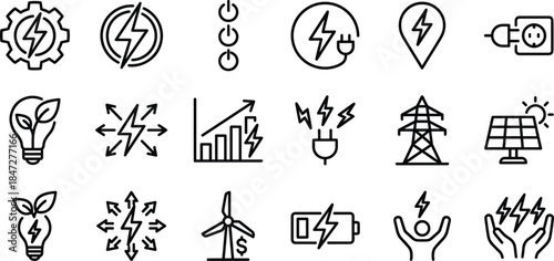 Energy and Power Line Icon Set Featuring Renewable Solar Panels, Wind Turbine, Electric Plug, Battery, Green Eco Bulb, and Electricity Transmission