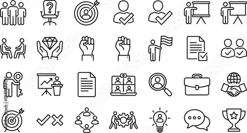 Human Resources and Business Partnership Line Icon Set Featuring Teamwork, Recruitment, Target, Leadership, Handshake, Agreement Document, and Success