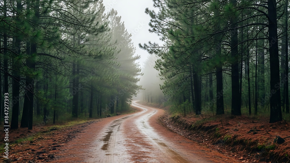 Fototapeta premium A winding dirt road through a misty pine forest, evoking a sense of adventure and peaceful solitude