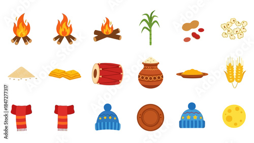 Icons depicting elements of Indian harvest and winter festivals, such as bonfires, sugarcane, peanuts, grains, a drum, clay pots, and winter clothing.