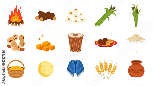 Collection of icons representing elements of an Indian harvest festival like Lohri or Makar Sankranti, including bonfire, food, and traditional items.
