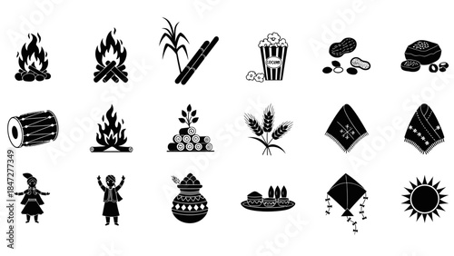 Collection of black and white icons representing various elements of Indian harvest festivals like Lohri, Makar Sankranti, and Pongal