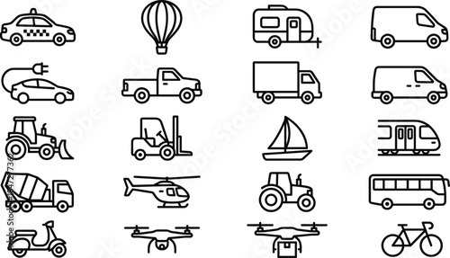 Transportation Line Icon Set Featuring Delivery Van, Cargo Truck, Taxi, Helicopter, Drone, Tractor, Camper, Boat, Bicycle, Forklift, and Logistics Symbols