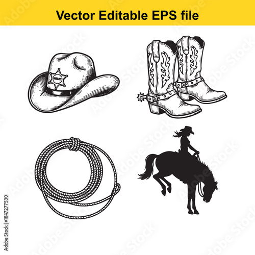  vector illustration of cowboy hat, boots, lasso, and rider on horse isolated on white background