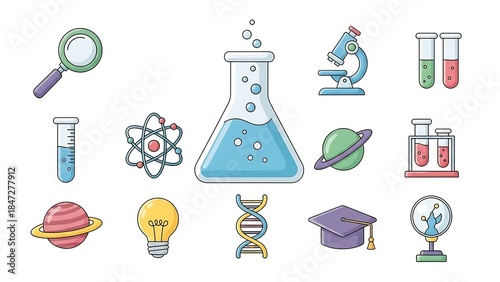 Science and Research Icons - Magnifying Glass, Beaker, Microscope, Test Tubes.