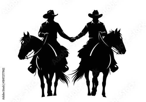 Silhouette of Two Cowboys on Horseback Holding Hands, Representing Friendship and Western Journey