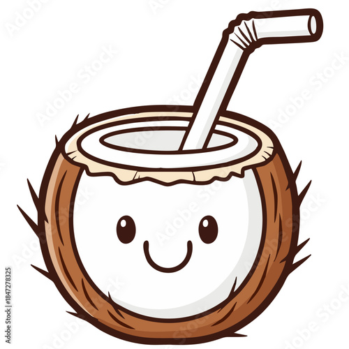 Cute cartoon coconut with a straw and a smiley face