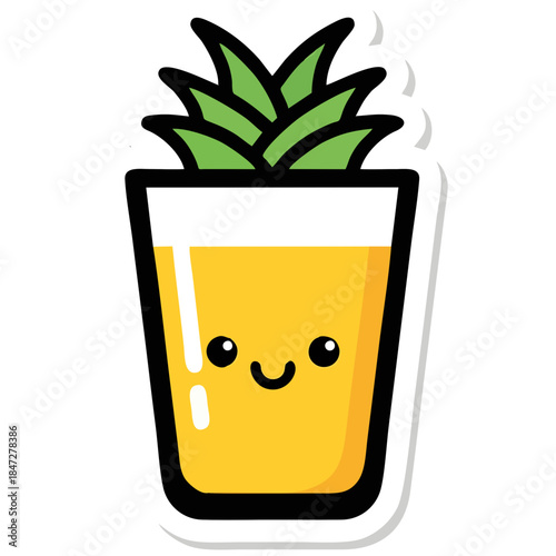 Cute Kawaii Pineapple Juice Glass with a Happy Face, a Sweet and Refreshing Tropical Drink Illustration