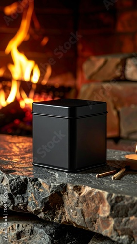 Square Black Box near Fireplace with Rustic Stone Hearth Display