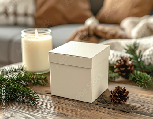 White Gift Box with Candle and Pine Branch on Wooden Tabletop