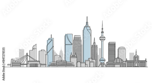 Modern City Skyline with Colorful Buildings and Landmarks Vector Illustration