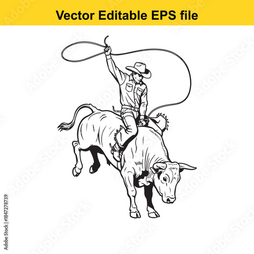  vector illustration of cowboy riding bull with lasso in hand in editable eps format for digital and print use