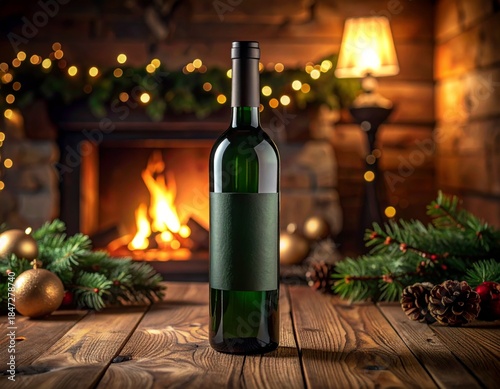 Green Wine Bottle with a Fireplace and Christmas Decorations in Background