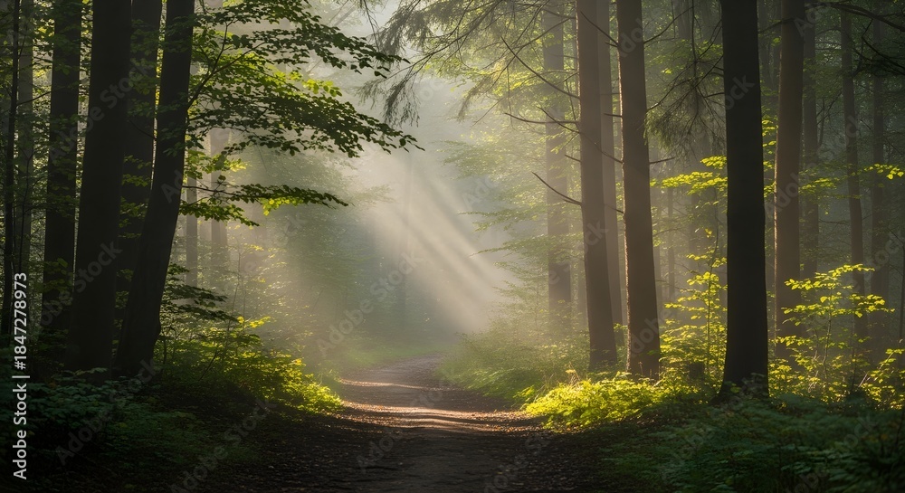Obraz premium Sunlit forest path amidst tall trees with atmospheric light and shadows
