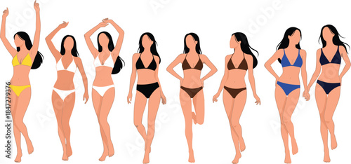 Bikini fashion girls, vector illustration, colorful swimwear, female figures, summer beachwear, stylish poses, beauty design, character modeling, flat art