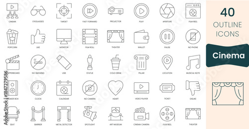 Set of cinema  icons. Thin outline icons pack. Vector illustration