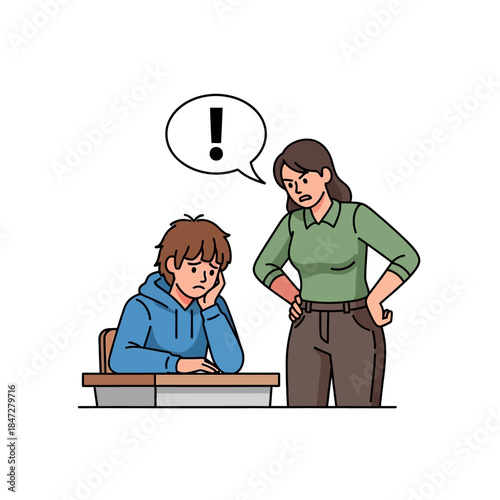 Illustration of a worried student being scolded by a teacher at a desk