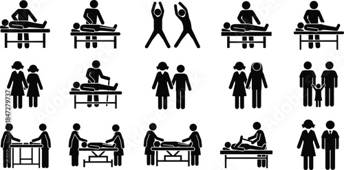 Physiotherapy and rehabilitation silhouettes, massage therapy exercises, patient treatment sessions, family icons, healthcare wellness activities, black white vector illustration set