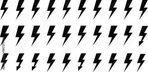 Black lightning bolt icon grid, electricity symbols, energy vector design, thunder shapes, electric power pattern, anomaly detection, visual puzzle concept