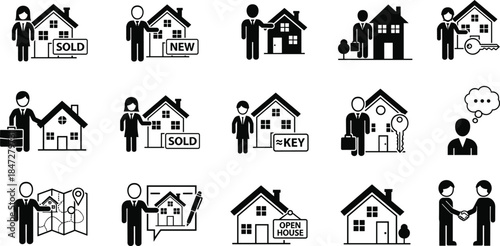 Real estate business icons silhouettes, property sale and purchase process, agent services, house keys, sold signs, home buying concept, black white vector illustration