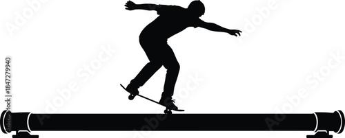 Skateboarder, balancing, on, rail, silhouette, extreme, sport, skateboarding, trick, urban, lifestyle, action, motion, street, culture, athlete, training, illustration, isolated, background