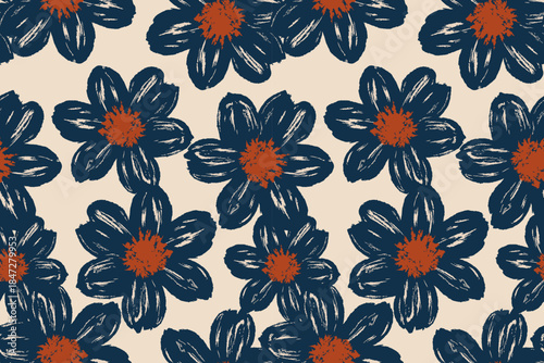 Bold hand painted floral pattern seamless with navy blue flowers and rust orange centers on beige background artistic brush style for textile fabric wallpaper surface design.