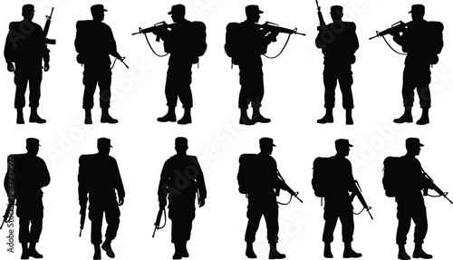 Soldier, silhouettes, military, armed, troops, patrol, combat, security, defense, tactical, uniform, weapon, army, operation, stance, illustration, isolated, white, background, set