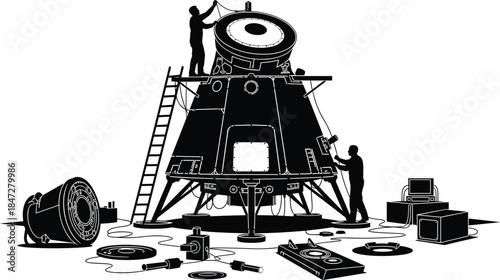 Space capsule assembly silhouette, engineers working on spacecraft module, aerospace technology and exploration concept, scientific mission preparation, black white vector illustration