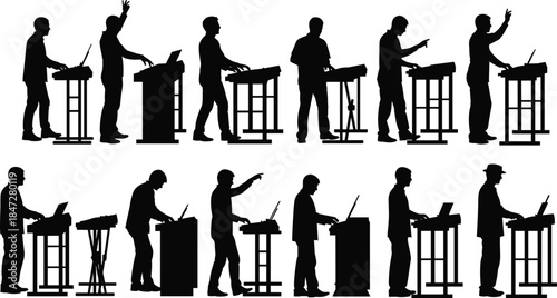 usiness, speakers, podium, silhouettes, public, speaking, presentation, conference, leadership, communication, speech, seminar, debate, lecturer, event, professional, stage, illustration,