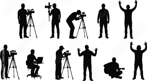 Videographer and filmmaker silhouettes, camera operators recording scenes, media production crew, creative professionals working, black white vector illustration set