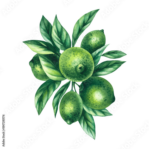 Watercolor hand-drawn citrus tropical fruit. Lime hand-painted illustration isolated on white. Botanical lime fruit for wedding invitations, festivals, or postcards.