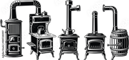Vintage wood burning stoves silhouettes, antique heating appliances collection, cast iron ovens, industrial chimneys, retro home heating equipment, black white vector illustration